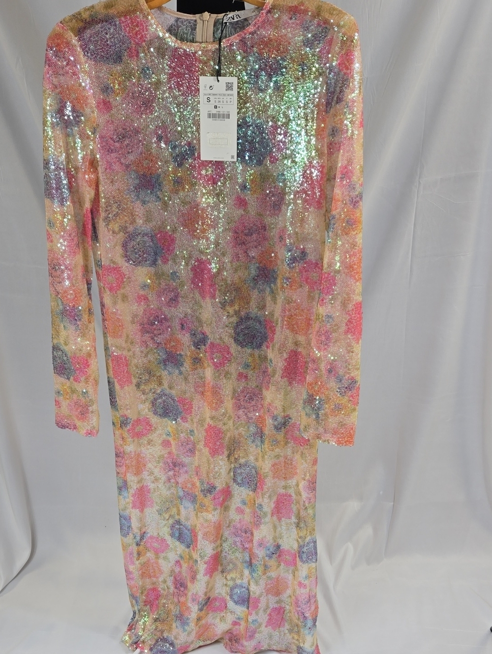 ZARA Sequin Floral Long Sleeve Dress - Pink Multicolor SMALL